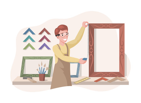 Young smiling man in safety glasses measuring size of a picture frame vector flat illustration.のイラスト素材