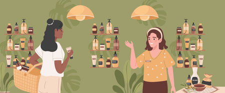 Two women in organic store vector flat illustration. Happy smiling girl choosing fresh natural cosmetics.のイラスト素材