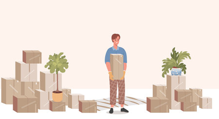 Happy smiling man in casual clothes and gloves holding cardboard box vector flat illustration.のイラスト素材