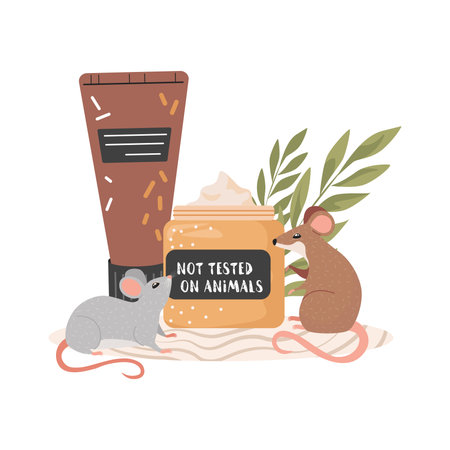 Natural organic cosmetics not tested on animals vector flat illustration. Natural herbs, creams and oils for beauty.のイラスト素材