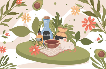 Natural organic cosmetics not tested on animals vector flat concept. Bottles with cosmetics, flowers, herbs and avocado.のイラスト素材