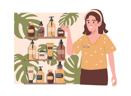 Happy smiling seller advertising new fresh organic cosmetics collection vector flat illustration.のイラスト素材
