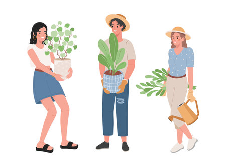 Set of happy smiling people holding pots with green plants vector flat illustration isolated on white background.のイラスト素材