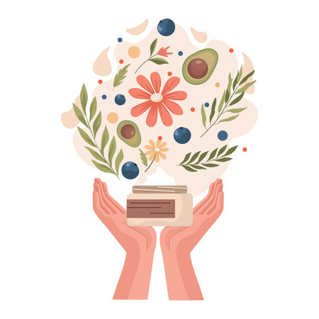 Hands holding jar with natural organic cream full of fresh herbs, flowers, and avocado oil. Products for beauty.のイラスト素材