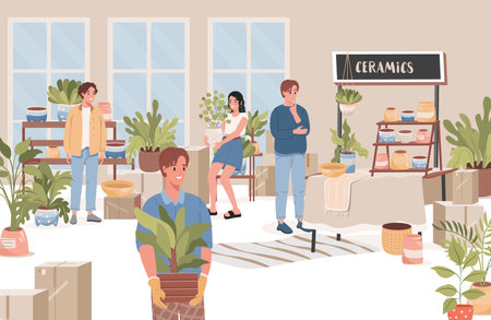 Group of happy people choosing and buying flowers, trees and flower pots in flower shop vector flat illustration.のイラスト素材