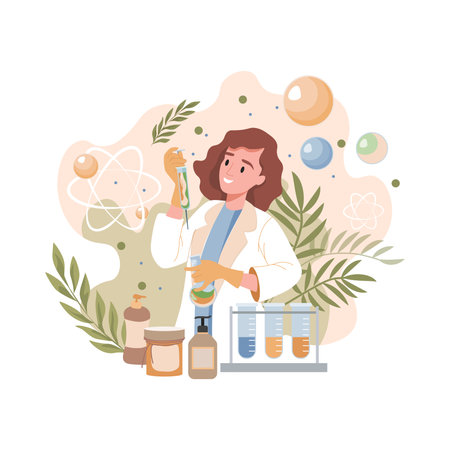 Scientist or pharmacist invents natural organic formula of cosmetics vector flat illustration.のイラスト素材