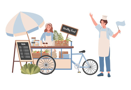 Street cart with healthy food and beverages vector flat illustration. Happy woman selling healthy natural food.のイラスト素材