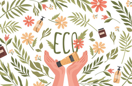 Eco cosmetics vector flat banner design. Hands holding tube of natural organic cream, tubes and jars.のイラスト素材