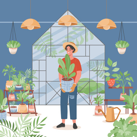 Flower shop interior vector flat design. Happy smiling man in casual clothes holding pot and selling plants.のイラスト素材