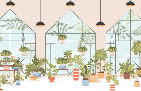 Flower shop vector flat interior design. Different home and outdoor plants and trees on shelves and standsのイラスト素材