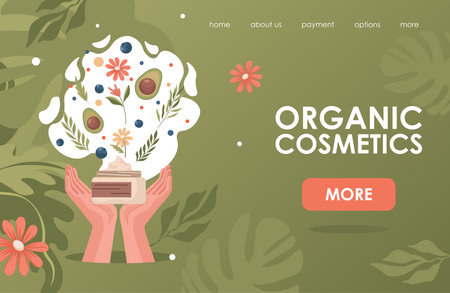 Organic cosmetics vector flat landing page template with text space. Beauty products for spa salons.のイラスト素材