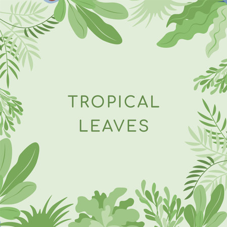 Tropical leaves vector flat banner template. Green leaves of tropical or home plants border on green background.のイラスト素材
