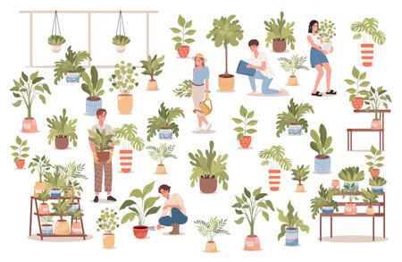 Group of happy smiling people in comfortable clothes in flower shop vector flat illustration.のイラスト素材