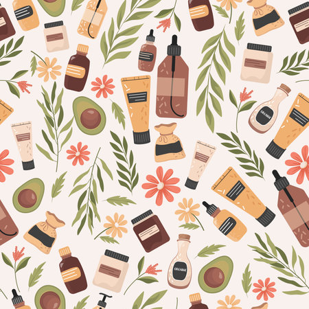 Organic cosmetics vector flat seamless pattern. Bottles, jars and bags with natural cosmetics, herbs, flowers.のイラスト素材