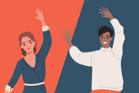 Happy smiling woman in dress and man in casual clothes feeling positive emotions, waving hands.のイラスト素材