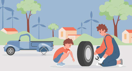 Happy smiling father and son changing and repairing car wheels together vector flat illustration.のイラスト素材