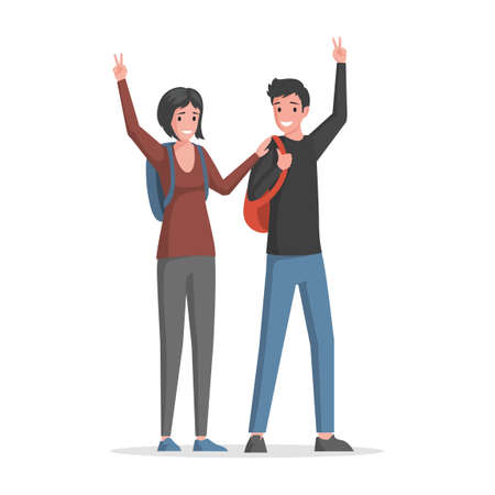 Happy smiling couple with touristic bags waving hands and welcoming vector flat illustration.のイラスト素材