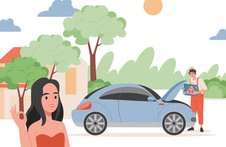 Pleased woman showing ok, repairman fixing car engine problems near country house vector flat illustration.のイラスト素材