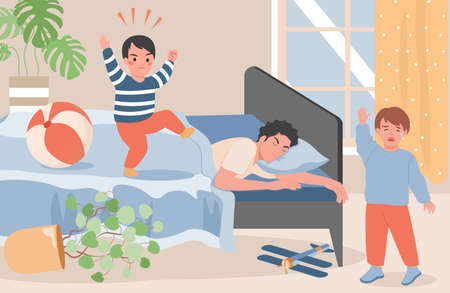 Father lying in bed and trying to feel asleep, while his two sons crying and getting angry vector flat illustration.のイラスト素材