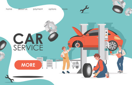 Car service landing page template. Auto mechanics repair wheels, checking problems vector flat illustration.のイラスト素材