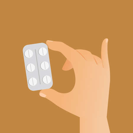 Hand holding plastic blister with white round pills vector flat illustration isolated on beige background.のイラスト素材