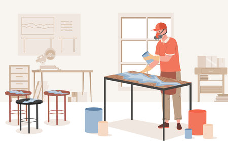 Young man wearing protective face mask and filling wooden table with acrylic vector flat illustration.のイラスト素材
