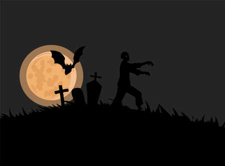Black silhouette of zombie walking on cemetery vector flat illustration. Creepy nightmare landscape with walking dead.のイラスト素材