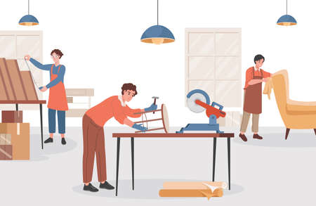 Group of carpenters at wooden workshop making furniture vector flat illustration. Foremen doing woodwork.のイラスト素材