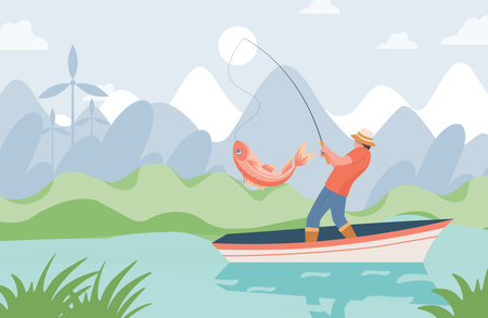 Fisherman with fishing rod standing in boat and catching big pink fish from lake vector flat illustration.のイラスト素材