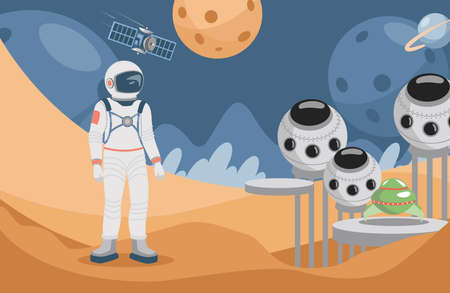 Space explorer in spacesuit standing on planet surface and looking at spaceships vector flat illustration.のイラスト素材