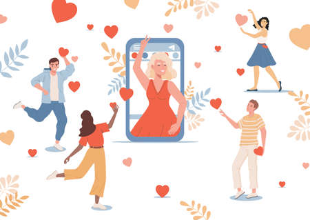 Group of people sending hearts to young girl in red dress, speaking with her on smartphone vector flat illustration.のイラスト素材