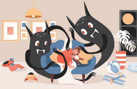 Scary black night monsters ready to attack little sleeping boy vector flat illustration. Bad dream with terrifying ghosts.のイラスト素材