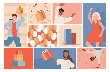 Party celebration or festive event vector flat illustration. Happy people holding gift boxes, dancing, and having fun.のイラスト素材