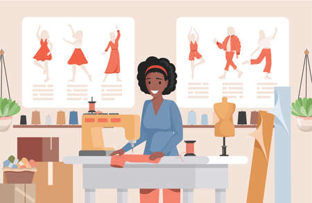 Woman working at sewing machine in the atelier or fashion sew studio vector flat illustration. Tailor making dress.のイラスト素材