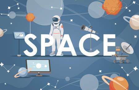 Space word banner template. Astronaut, rover, planets, stars, moon and outer space vector flat illustration.のイラスト素材