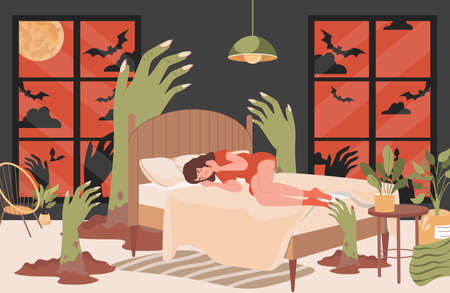 Young girl lying in bed at night and has nightmare vector flat illustration. Tired woman suffering from nightmare.のイラスト素材