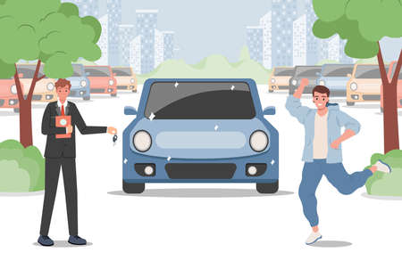 Happy smiling man in casual clothes buying a car vector flat illustration. Car showroom, rental, or purchase car service.のイラスト素材