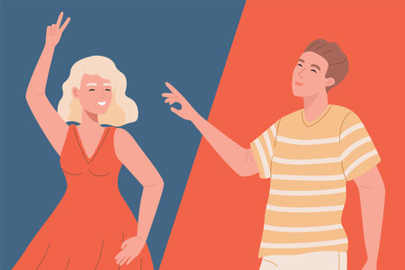 Woman in red dress and man in casual clothes feeling positive emotions, friends enjoying vector flat illustration.のイラスト素材
