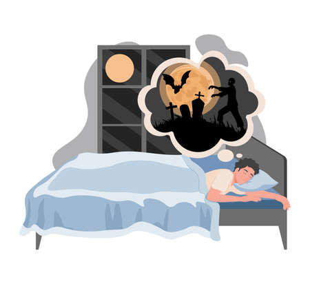 Young man lying in bed at night and has nightmare vector flat illustration. Tired man suffering from nightmare.のイラスト素材