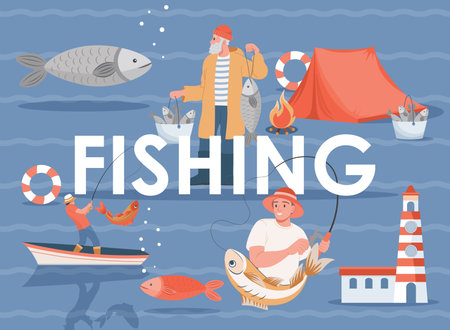 Fishing vector flat banner template with text space. Summer vacation or weekend, fishing sport...