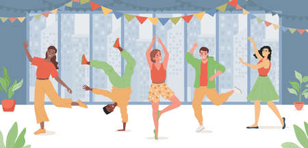 Group of happy smiling people in casual clothes dancing, celebrating birthday or holiday vector flat illustration.のイラスト素材