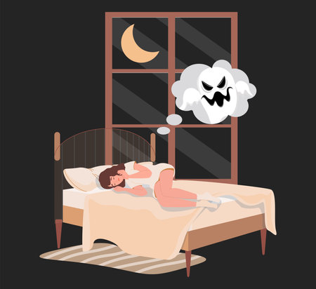 Young woman lying in bed at night and has nightmare with ghost vector flat illustration. Sleeping disorder concept.のイラスト素材