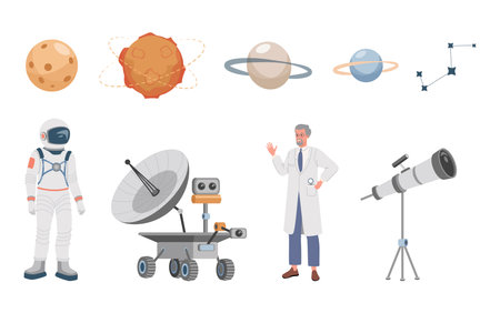 Planets, stars and constellations, astronaut in spacesuit, rover, telescope and scientist vector flat illustration.のイラスト素材