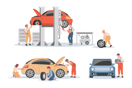 Car maintenance service vector flat illustration. Mechanics washing the car, lifting automobile and checking problems.のイラスト素材