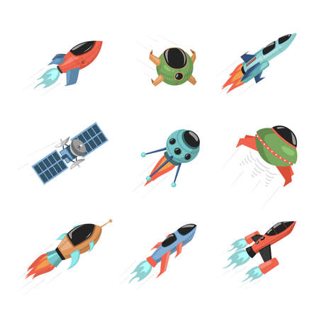Set of spaceships and satellites on white background. Spacecrafts exploring cosmos vector flat illustration.のイラスト素材