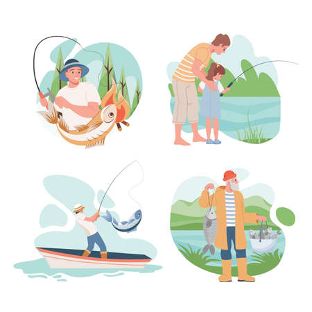 Set of fishing people vector flat illustration. Men catching fish in the lake, spending summer weekend or vacation.のイラスト素材