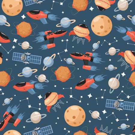 Space exploration vector seamless pattern. Spaceships, rockets, moon, planets, satellites flat illustration.のイラスト素材