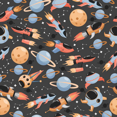 Cosmos exploring vector seamless pattern. Spaceships, constellations, rockets and planets flat illustration.のイラスト素材