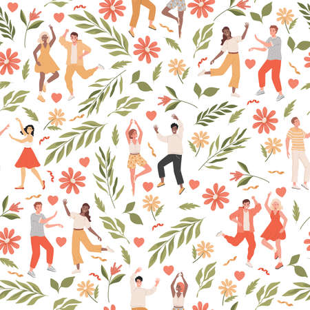 Dancing people and green nature vector flat seamless pattern. Men and women dancing, celebrating holiday.のイラスト素材