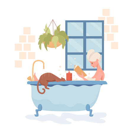 Young happy woman take a bath and reading book vector flat illustration. Woman resting in bathroom.のイラスト素材